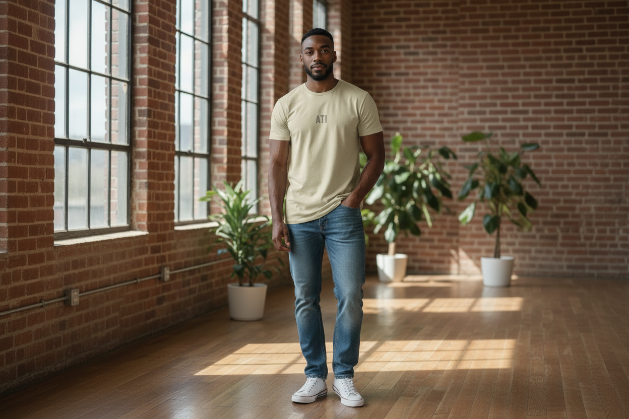Man wearing a beige t-shirt and blue jeans standing in a room with brick walls and plants.